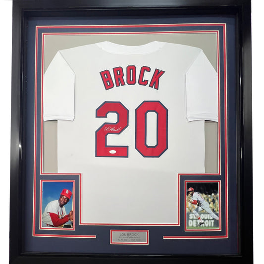 Framed Autographed/Signed Lou Brock 35x39 St. Louis White Baseball Jersey JSA COA