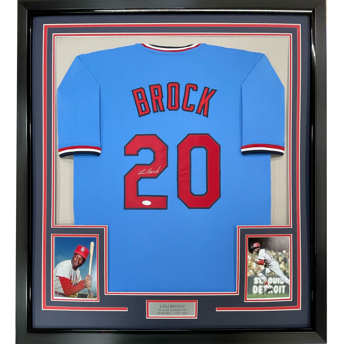 Framed Autographed/Signed Lou Brock 35x39 St. Louis Blue Baseball Jersey JSA COA