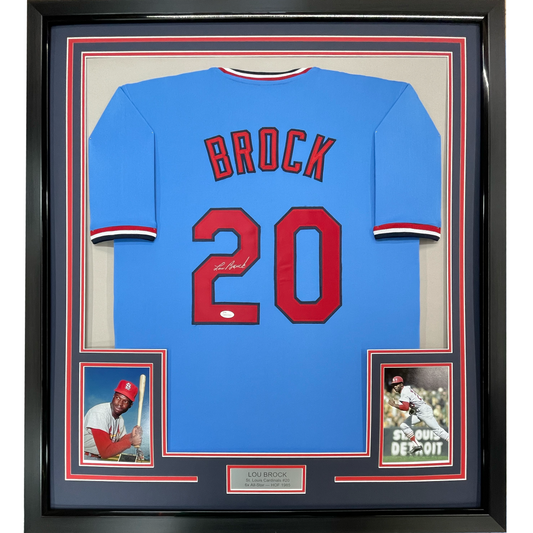 Framed Autographed/Signed Lou Brock 35x39 St. Louis Blue Baseball Jersey JSA COA