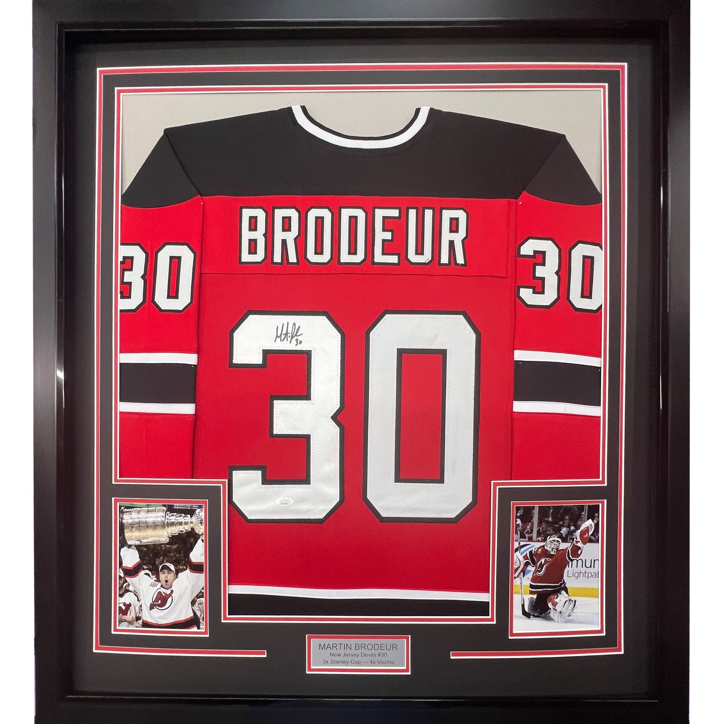Framed Autographed/Signed Martin Brodeur 35x39 New Jersey Red Hockey Jersey JSA COA