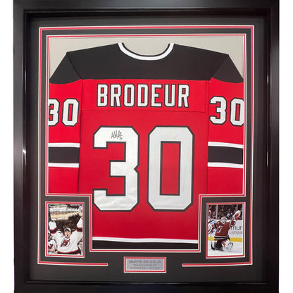 Framed Autographed/Signed Martin Brodeur 35x39 New Jersey Red Hockey Jersey JSA COA