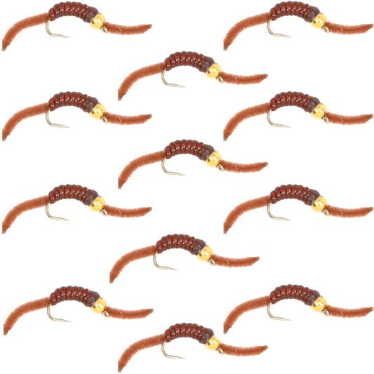 San Juan Bead Head Power Worm Brown V-Rib - 1 Dozen Hook Size 14