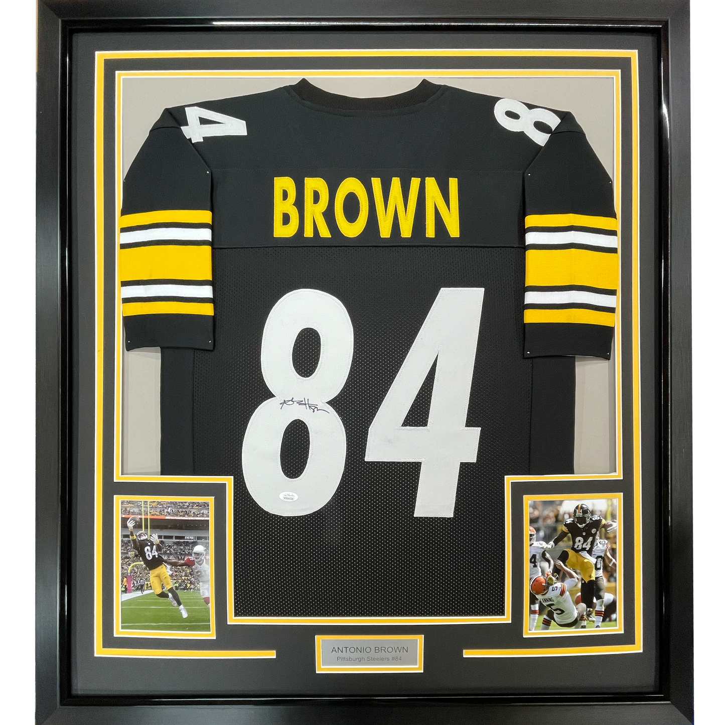 Framed Autographed/Signed Antonio Brown 35x39 Pittsburgh Black Football Jersey JSA COA