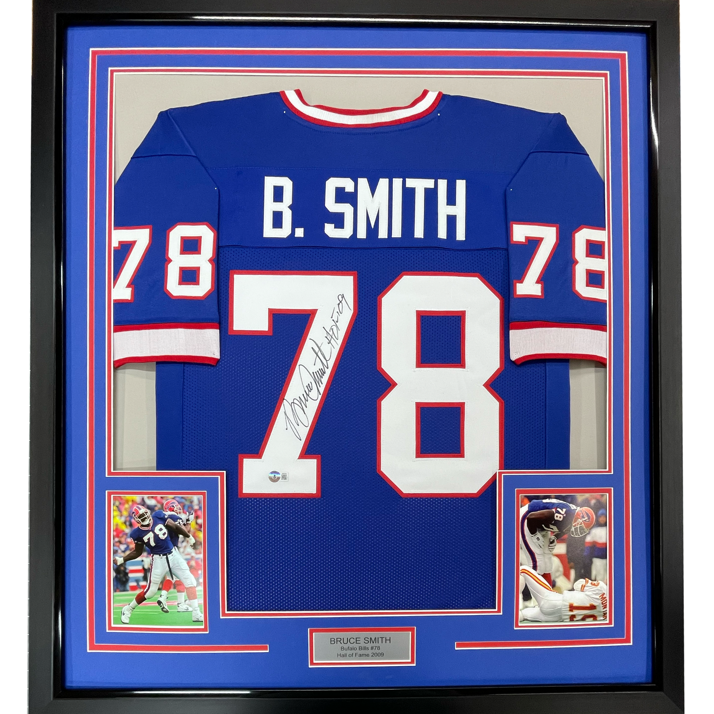 Framed Autographed/Signed Bruce Smith 35x39 HOF 09 Buffalo Blue Football Jersey Beckett BAS COA