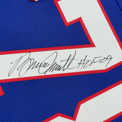 Framed Autographed/Signed Bruce Smith 35x39 HOF 09 Buffalo Blue Football Jersey Beckett BAS COA