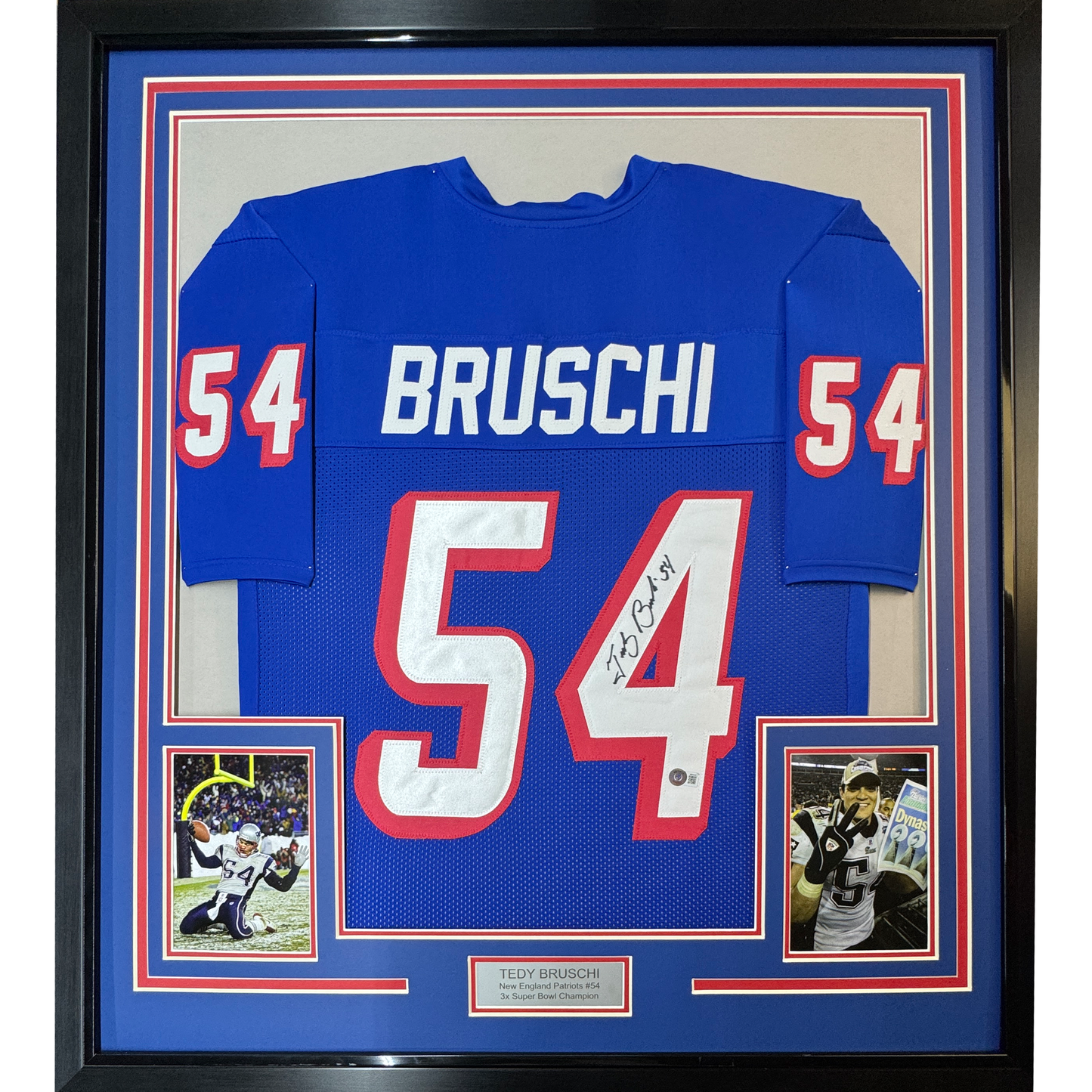 Framed Autographed/Signed Tedy Bruschi 35x39 New England Retro Blue Football Jersey Beckett BAS COA