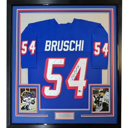 Framed Autographed/Signed Tedy Bruschi 35x39 New England Retro Blue Football Jersey Beckett BAS COA