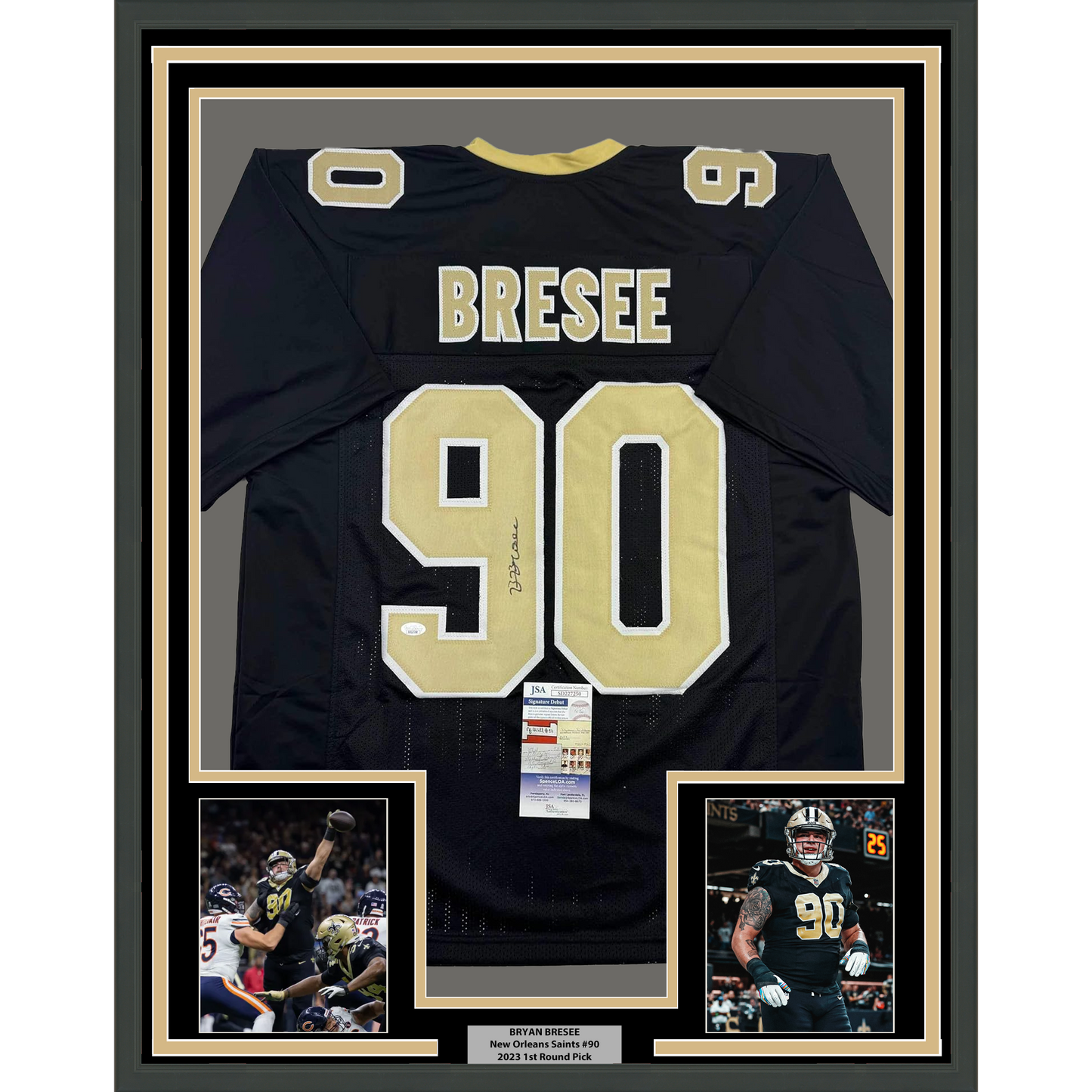 Framed Autographed/Signed Bryan Bresee 35x39 New Orleans Black Football Jersey JSA COA