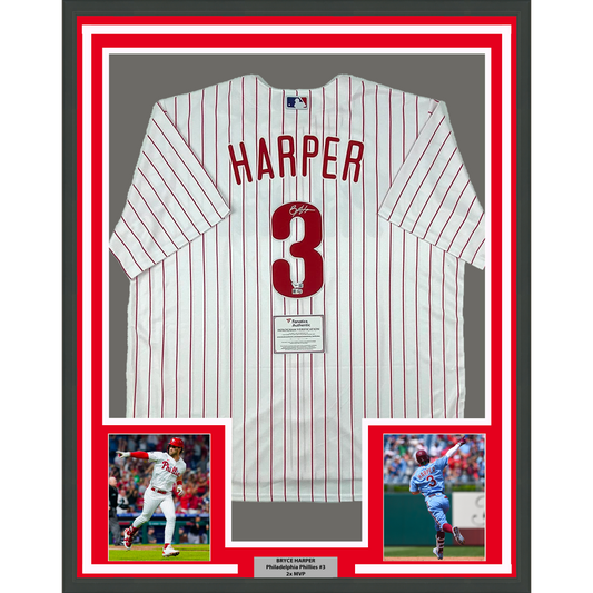 Framed Autographed/Signed Bryce Harper 35x39 Philadelphia Phillies Pinstripe Replica Baseball Jersey Fanatics & MLB COA