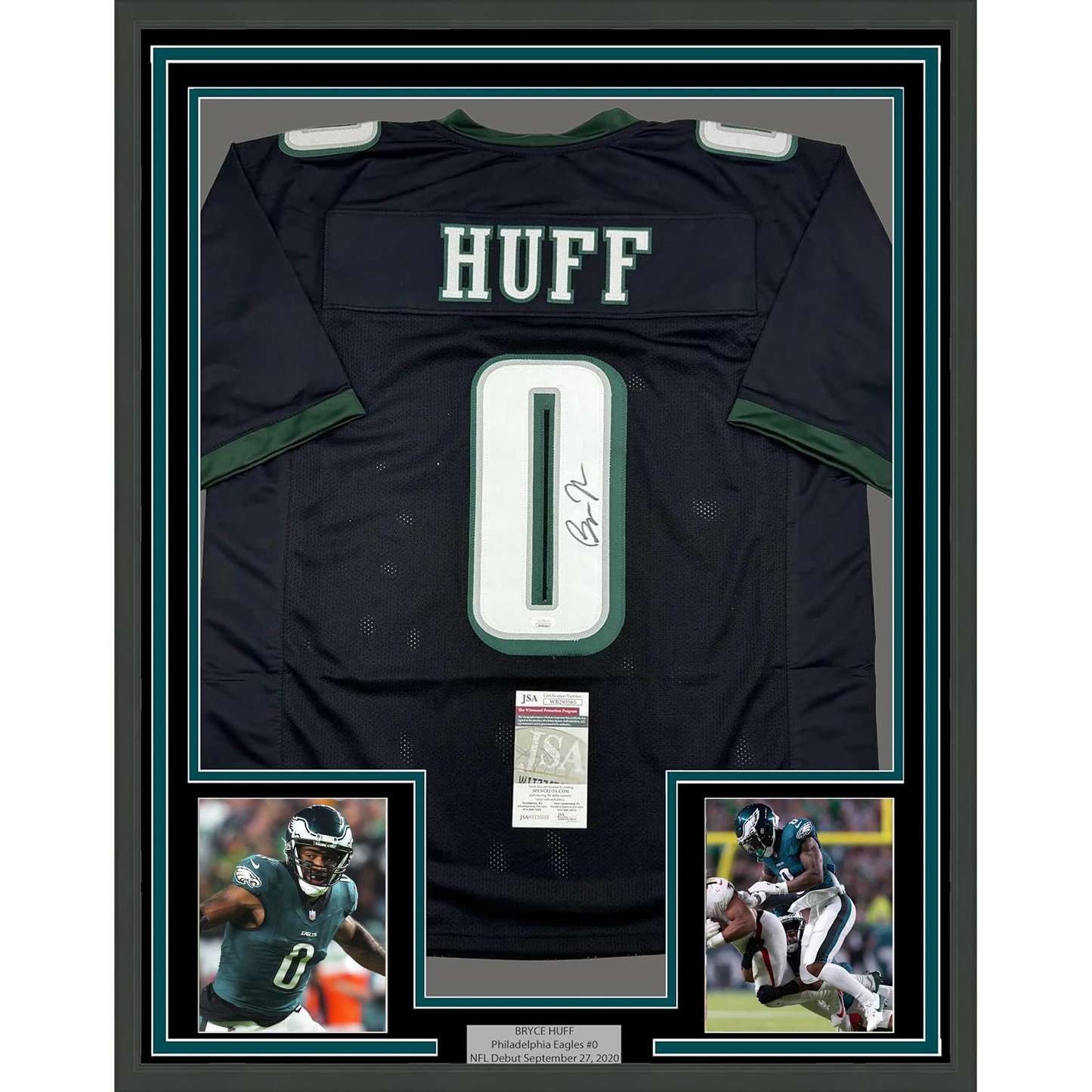 Framed Autographed/Signed Bryce Huff 35x39 Philadelphia Black Football Jersey JSA COA