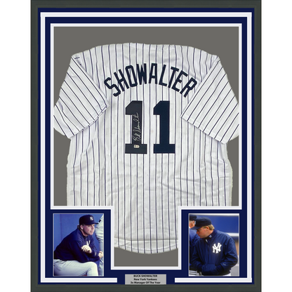 Framed Autographed/Signed Buck Showalter 35x39 New York Pinstripe Baseball Jersey MLB COA