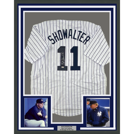 Framed Autographed/Signed Buck Showalter 35x39 New York Pinstripe Baseball Jersey MLB COA