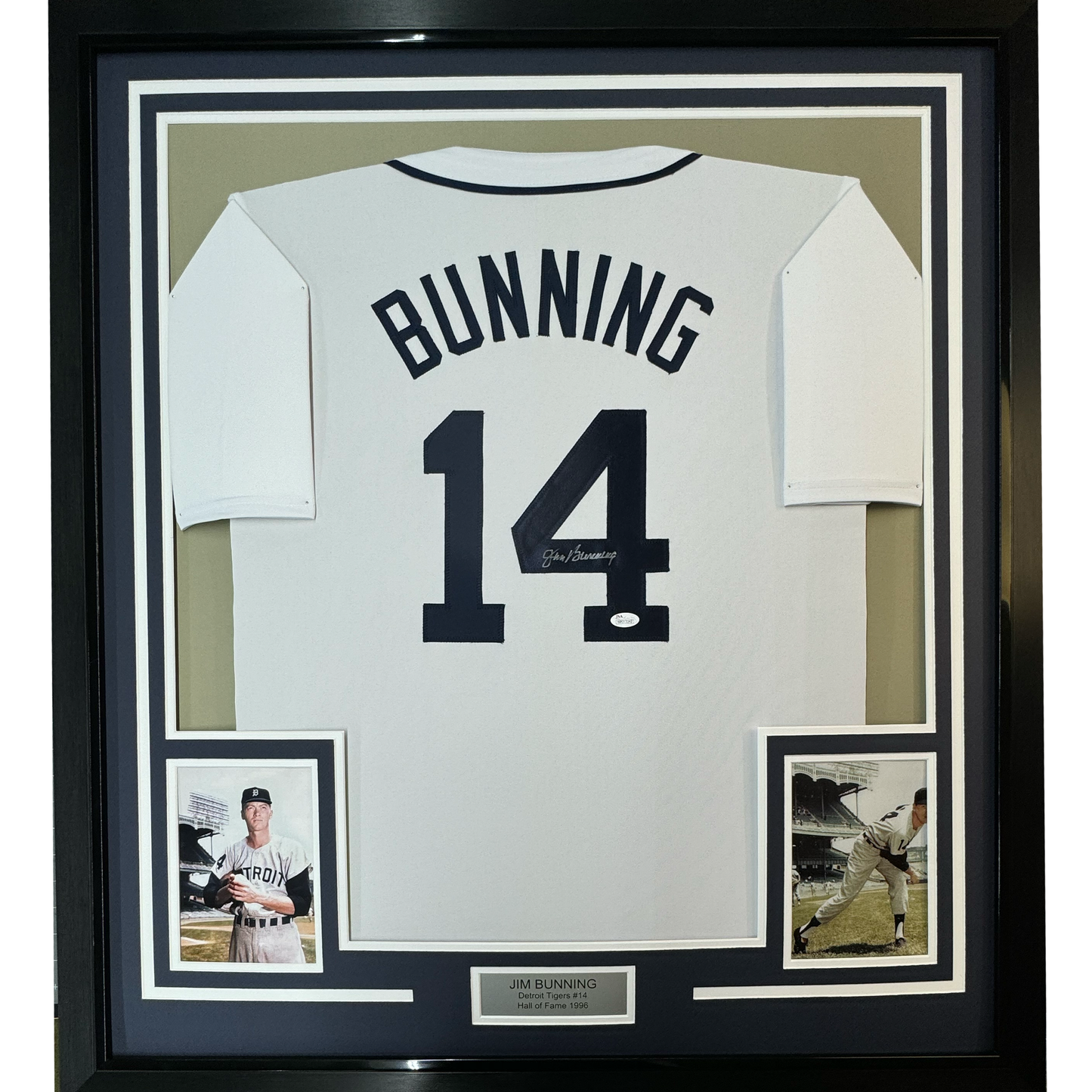 Framed Autographed/Signed Jim Bunning 35x39 Detroit White Baseball Jersey JSA COA