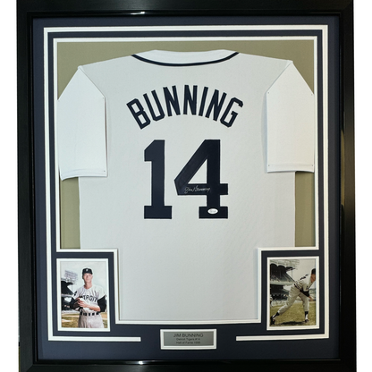 Framed Autographed/Signed Jim Bunning 35x39 Detroit White Baseball Jersey JSA COA