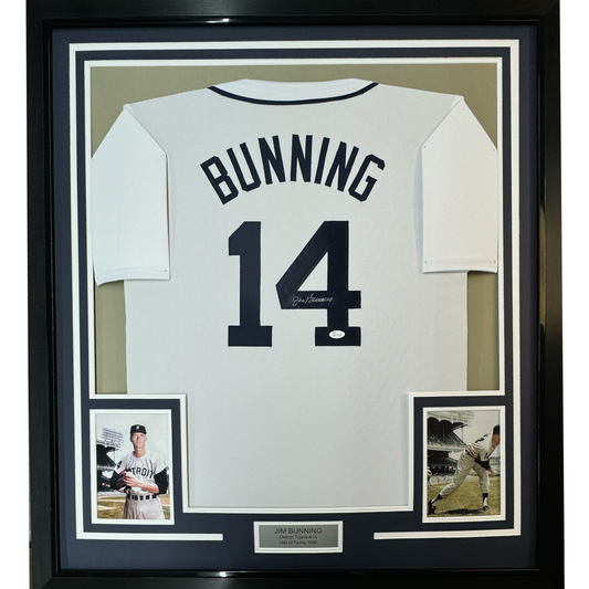 Framed Autographed/Signed Jim Bunning 35x39 Detroit White Baseball Jersey JSA COA
