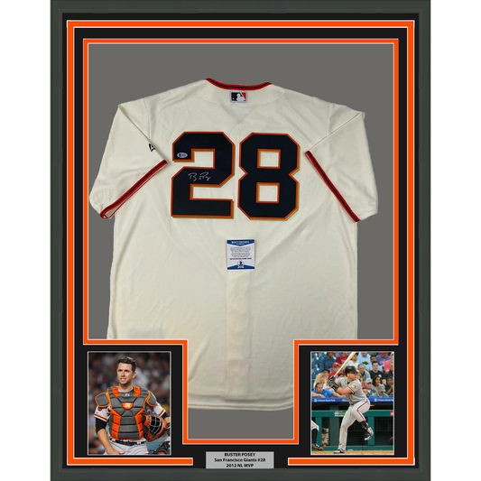 Framed Autographed/Signed Buster Posey 35x39 San Francisco Giants Cream Baseball Jersey Beckett BAS COA