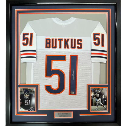 Framed Autographed/Signed Dick Butkus 35x39 Chicago Bears White Football Jersey JSA COA