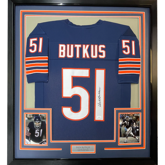 Framed Autographed/Signed Dick Butkus 35x39 Chicago Blue Football Jersey JSA COA