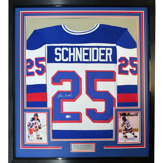 Framed Autographed/Signed Buzz Schneider 35x39 White Team USA Miracle On Ice 1980 Olympics Hockey Jersey Beckett BAS COA