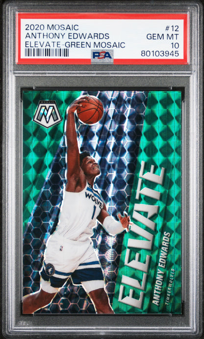 Graded 2020 Panini Mosaic Anthony Edwards #12 Elevate Green Mosaic Rookie RC Basketball Card PSA 10 Gem Mint