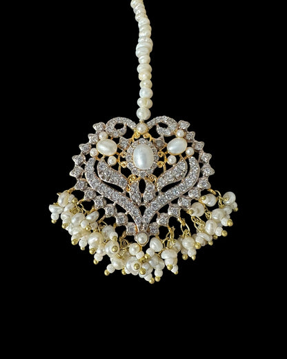 BR464 RAABYA fresh water pearl bridal choker Rani haar set with earrings tika ( READY TO SHIP )