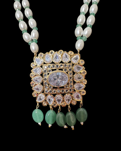 PS561 Hyderabadi pendant set with high quality zircon stones and light green beads ( SHIPS IN 2 WEEKS )