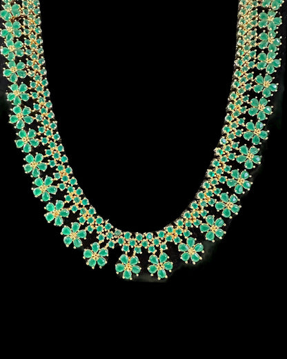 DLN115  Megha long set in cz stones - green    (READY TO SHIP)