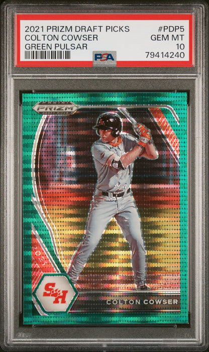 Graded 2021 Panini Prizm Draft Picks Colton Cowser #PDP5 Green Pulsar Rookie RC Baseball Card PSA 10 Gem Mint