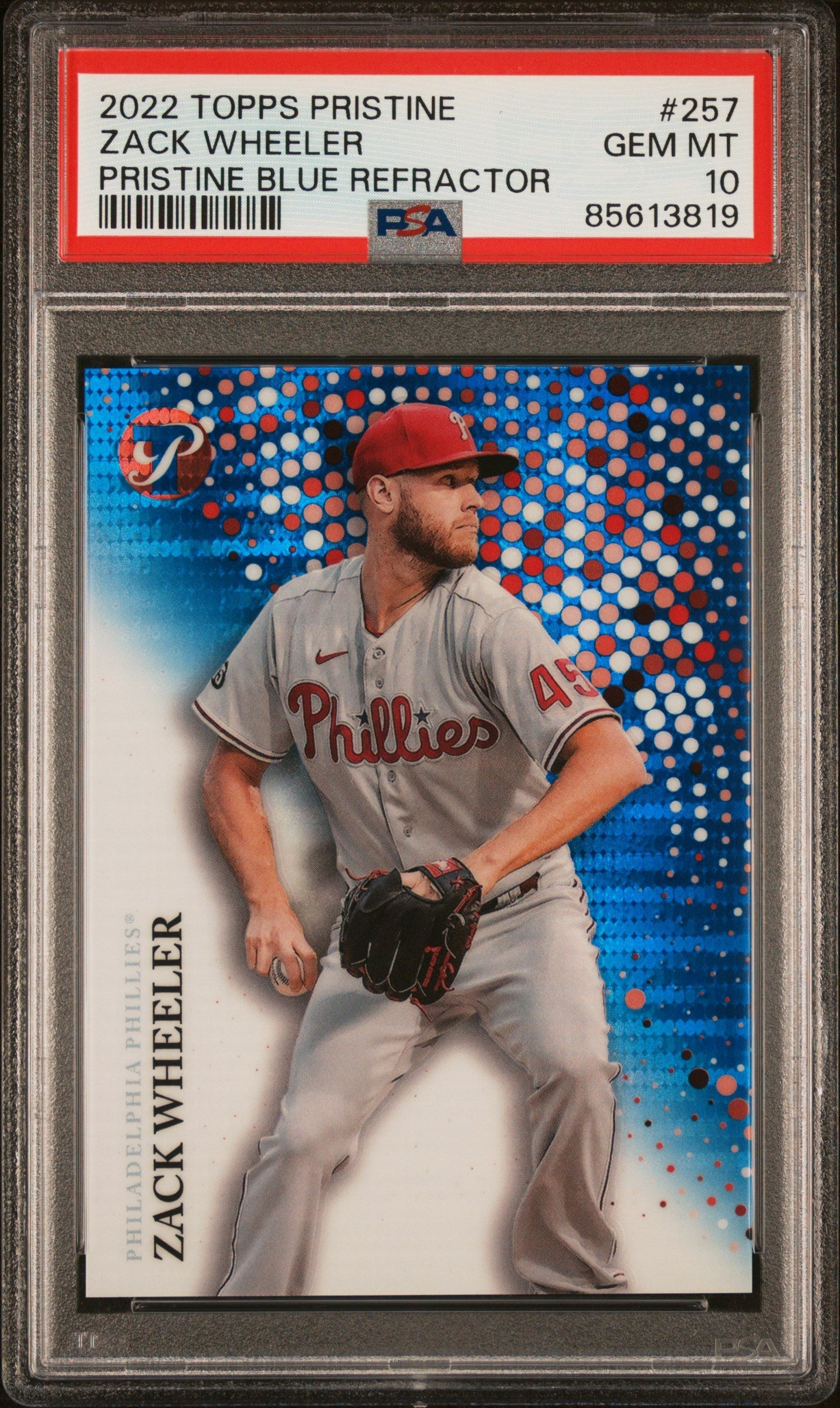 Graded 2022 Topps Pristine Zack Wheeler #257 Pristine Blue Refractor #/75 Baseball Card PSA 10 Gem Mint