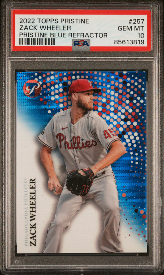 Graded 2022 Topps Pristine Zack Wheeler #257 Pristine Blue Refractor #/75 Baseball Card PSA 10 Gem Mint