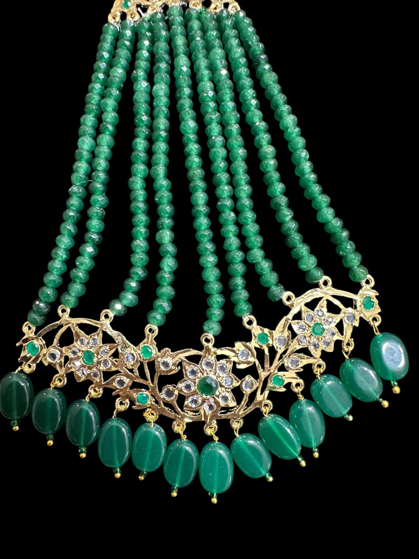 JTK7 Abira jhoomar and tika in green beads  ( READY TO SHIP  )