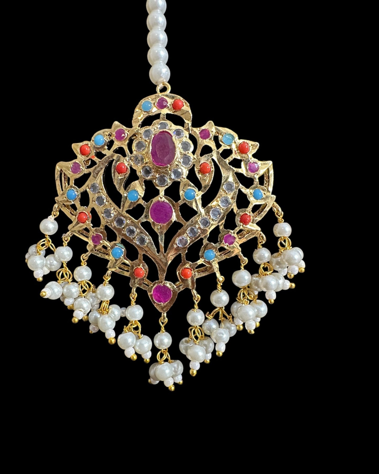 DJTK359 Ekta Gold-Plated Polki Tikka in multicolor & Shell Pearls  ( READY TO SHIP )