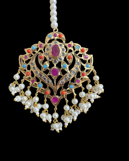 DJTK359 Ekta Gold-Plated Polki Tikka in multicolor & Shell Pearls  ( READY TO SHIP )