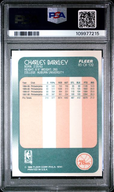 Graded 1988 Fleer Charles Barkley #85 Basketball Card PSA 8 NM-MT
