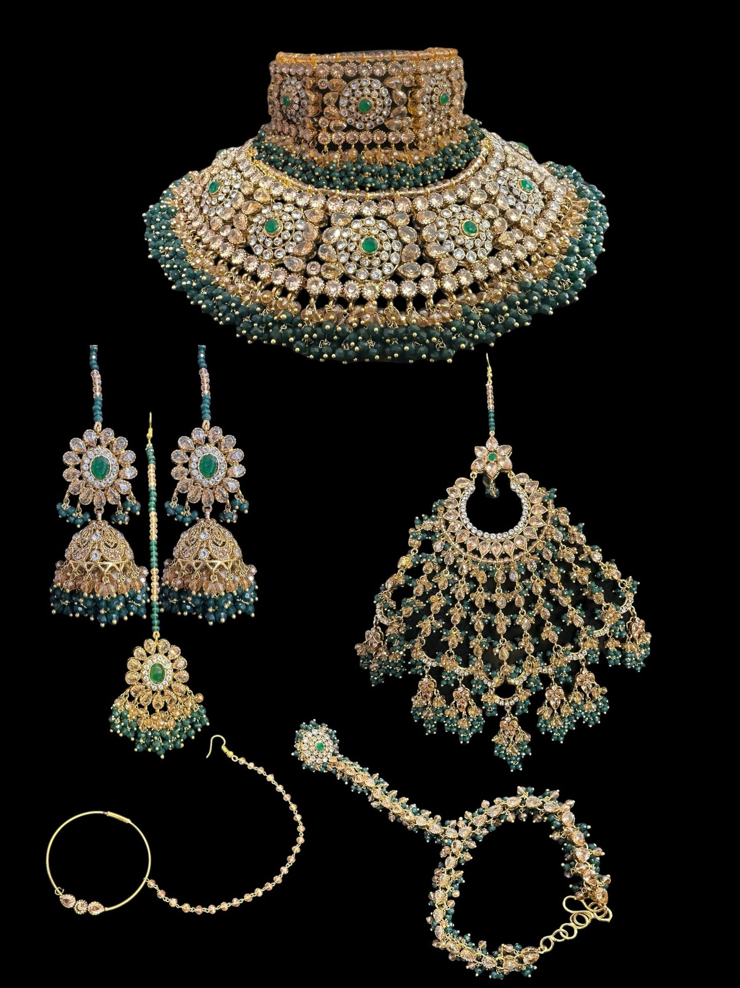 BR496 Faiza bridal set in emerald ,champagne combination  ( SHIPS IN 4 WEEKS )
