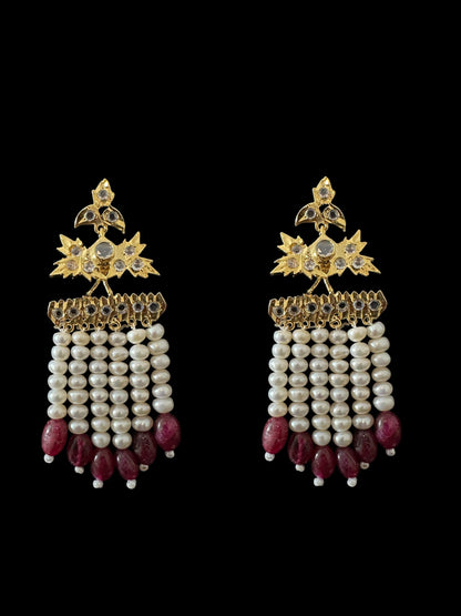 DER804 Grape earrings in fresh water pearls and ruby beads ( READY TO SHIP )