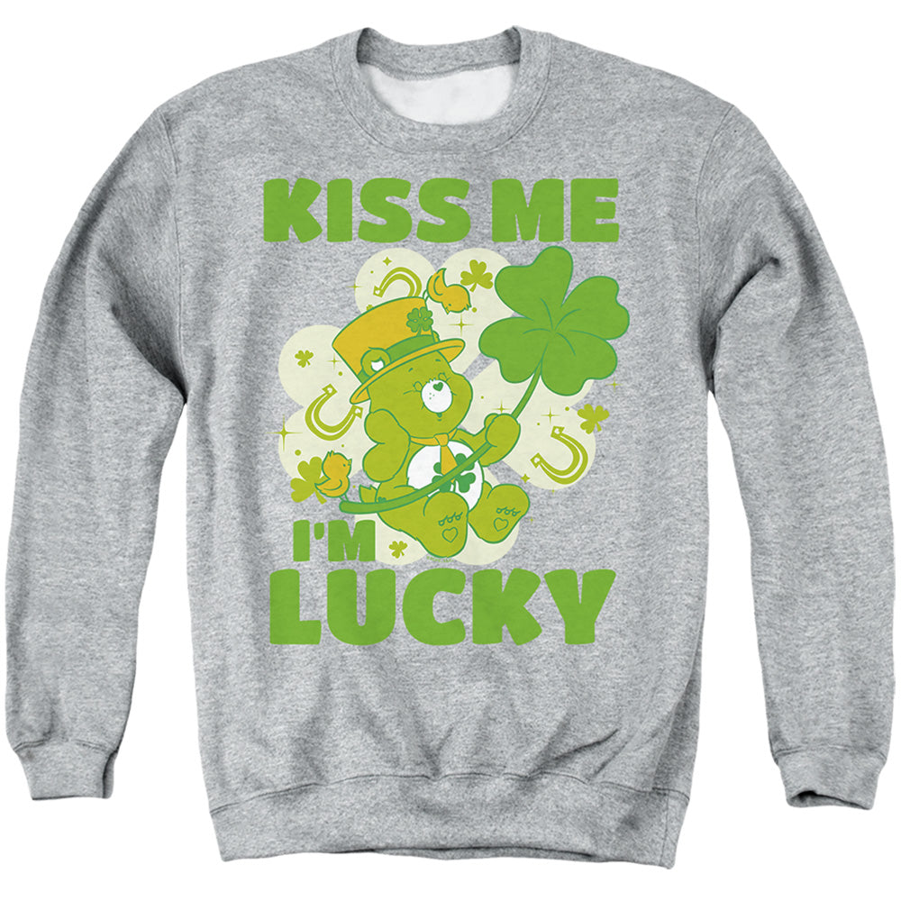 Care Bears Kiss Me I'M Lucky St. Patrick'S Day Good Luck Bear Mens Crewneck Sweatshirt Athletic Heather Officially Licensed
