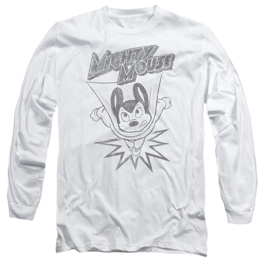 Mighty Mouse Bursting Out Mens Long Sleeve Shirt White Officially Licensed