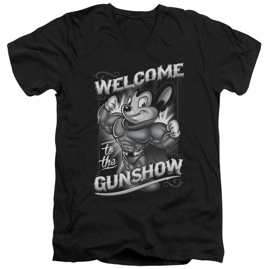 Mighty Mouse Mighty Gunshow Mens Slim Fit V-Neck T Shirt Black Officially Licensed