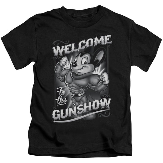 Mighty Mouse Mighty Gunshow Juvenile Kids Youth T Shirt Black Officially Licensed