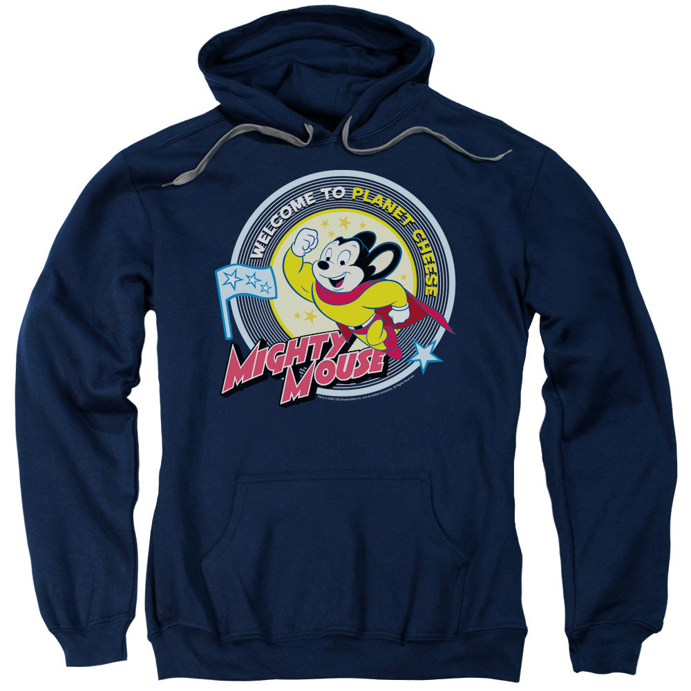 Mighty Mouse Planet Cheese Mens Hoodie Navy Blue Officially Licensed