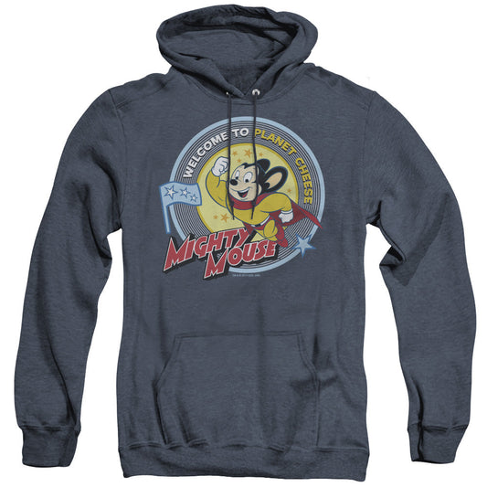 Mighty Mouse Planet Cheese Heather Mens Hoodie Navy Blue Officially Licensed