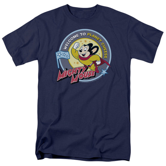 Mighty Mouse Planet Cheese Mens T Shirt Navy Blue Officially Licensed