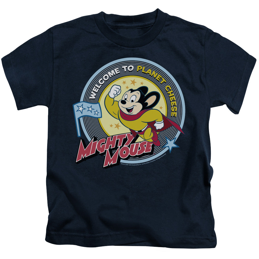Mighty Mouse Planet Cheese Juvenile Kids Youth T Shirt Navy Blue Officially Licensed