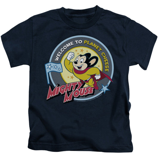 Mighty Mouse Planet Cheese Juvenile Kids Youth T Shirt Navy Blue Officially Licensed