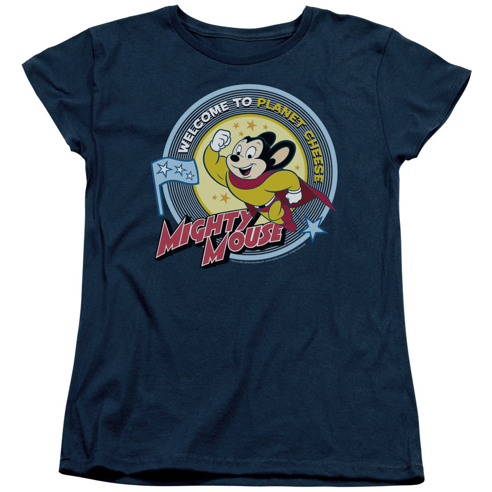 Mighty Mouse Planet Cheese Womens T Shirt Navy Officially Licensed