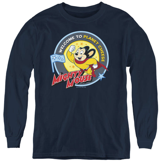 Mighty Mouse Planet Cheese Long Sleeve Kids Youth T Shirt Navy Officially Licensed
