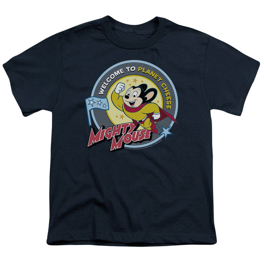Mighty Mouse Planet Cheese Kids Youth T Shirt Navy Blue Officially Licensed