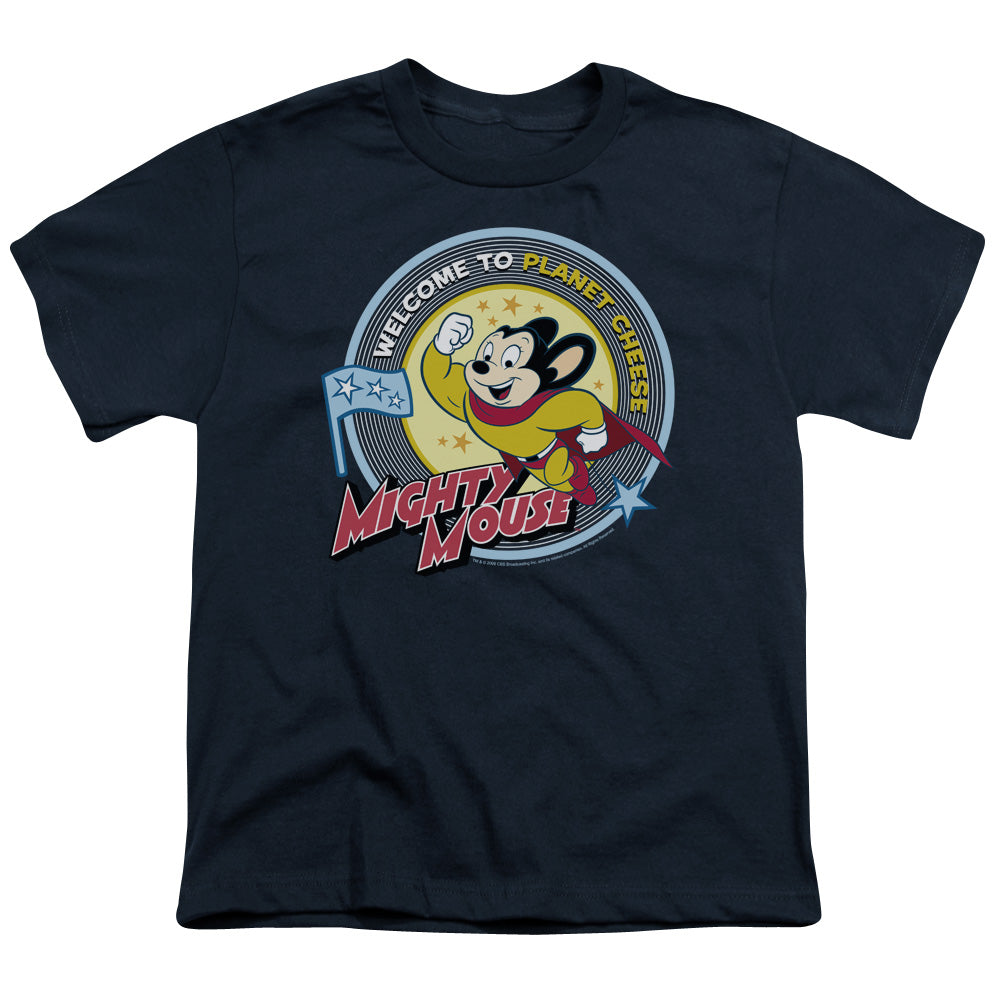 Mighty Mouse Planet Cheese Kids Youth T Shirt Navy Officially Licensed