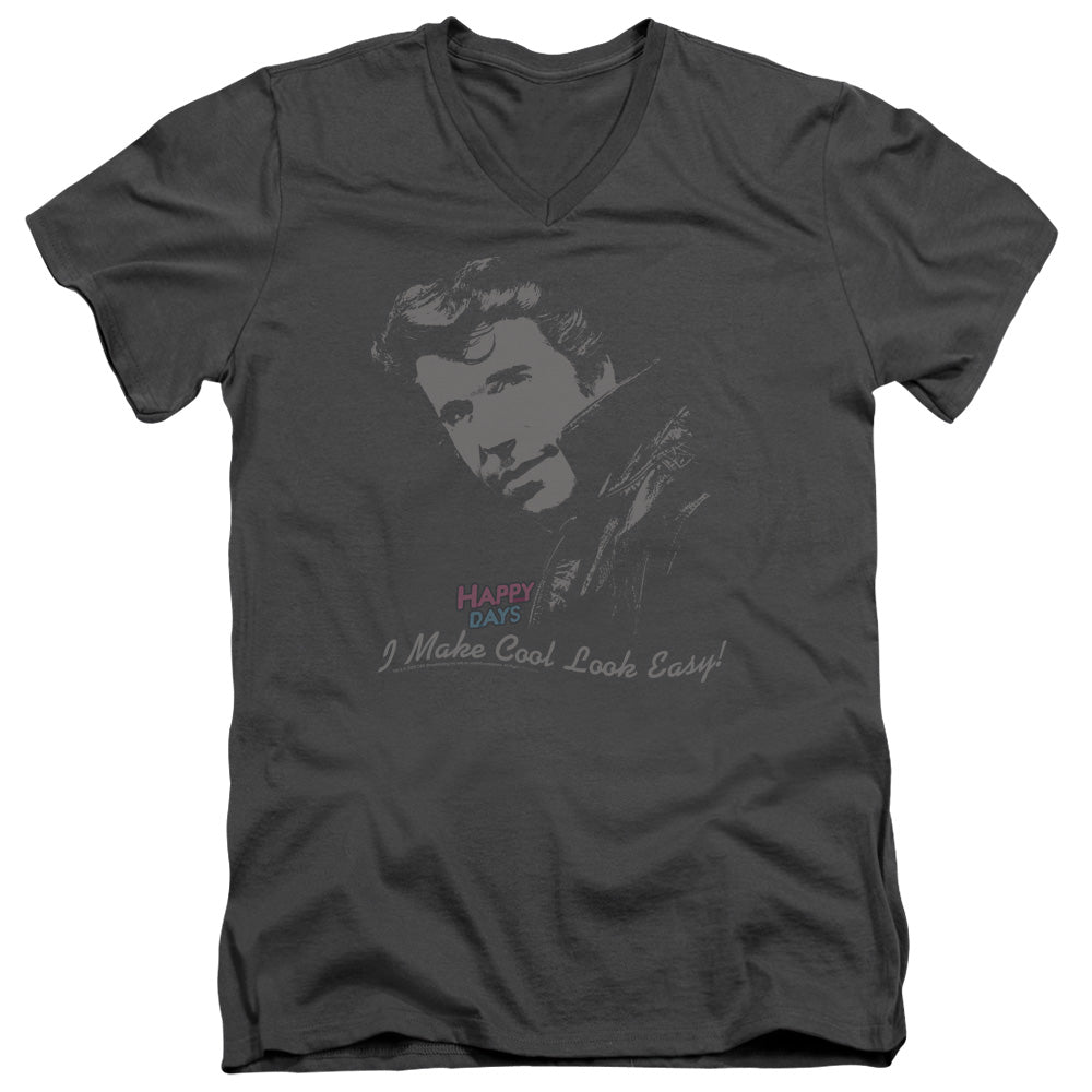 Happy Days Cool Fonz Mens Slim Fit V-Neck T Shirt Charcoal Officially Licensed